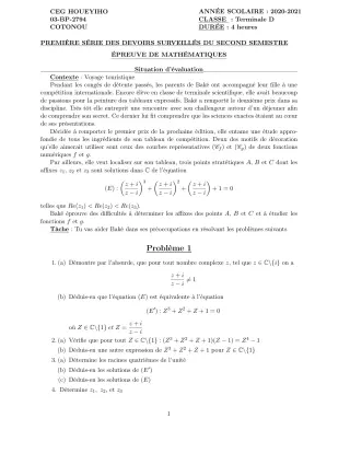 Première page de Mathématiques Tle D — 1er devoir surveillé, 2e semestre (2020-2021) · CEG HOUEYIHO
