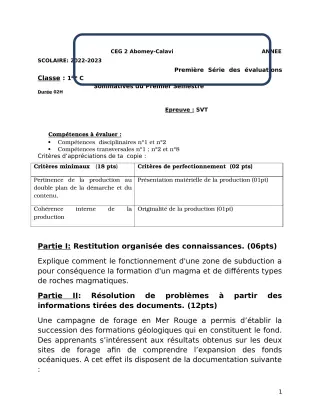 Première page de SVT 1ère C — 1re évaluation sommative, 1er semestre (2022-2023) · CEG2 ABOMEY - CALAVI (CEG ZOCA)