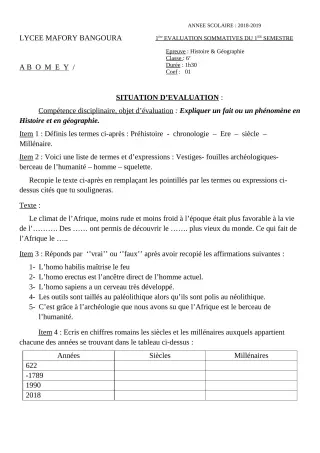 Première page de Histoire-Géographie 6e — 1re évaluation sommative, 1er semestre (2018-2019) · Lycée Houegbadja d'Abomey (Ex Mafory Bangoura)