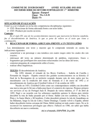 Première page de Espagnol Tle A1, Tle A2, Tle B — 2e devoir surveillé, 1er semestre (2021-2022) · CEG 1 ZOGBODOMEY