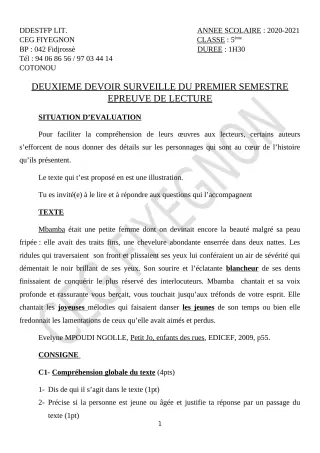 Première page de Français 5e — 2e devoir surveillé, 1er semestre (2020-2021) · CEG FIYEGNON