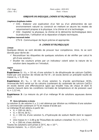 Première page de Devoir surveillé de PCT — Tle C — CEG ZONGO (2020)