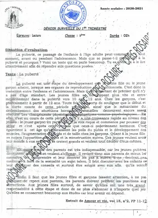 Première page de Français 3e ML — Devoir surveillé, 1er trimestre (2020-2021) · CPEG ROSAIRE