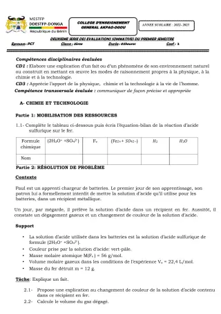 Première page de PCT 3e — 2e évaluation sommative, 1er semestre (2022-2023) · CEG Akpao-Ogou