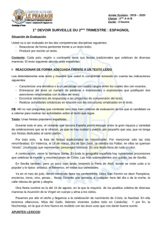 Première page de Espagnol 2nde A, 2nde B — 1er devoir surveillé, 2e trimestre (2019-2020) · CPEG LE PHARAON