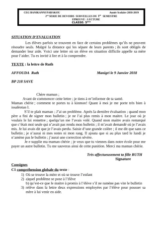 Première page de Français 5e — Devoir surveillé, 1er semestre (2018-2019) · CEG Banikanni