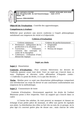 Première page de Philosophie 2nde A1, 2nde A2, 2nde B — 2e devoir surveillé, 2e semestre (2019-2020) · CEG 1 Akpakpa-Centre
