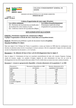 Première page de SVT 2nde D — 1er devoir surveillé, 2e semestre (2022-2023) · CEG SEKERE