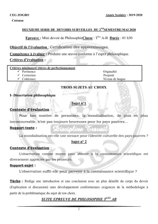 Première page de Philosophie Tle A1, Tle A2, Tle B — 2e devoir surveillé (2019-2020) · CEG ZOGBO