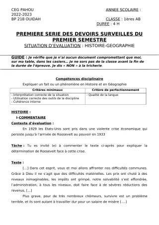 Première page de Histoire-Géographie 1ère A2, 1ère B — 1er devoir surveillé, 1er semestre (2022-2023) · CEG PAHOU