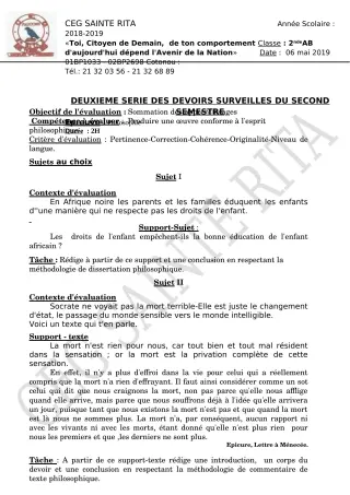 Première page de Philosophie 2nde A & B, 2nde C, 2nde D, 1ère A, 1ère B, 1ère C, 1ère D, Tle A2, Tle B, Tle C, Tle D — 2e devoir surveillé (2018-2019) · CEG Sainte Rita