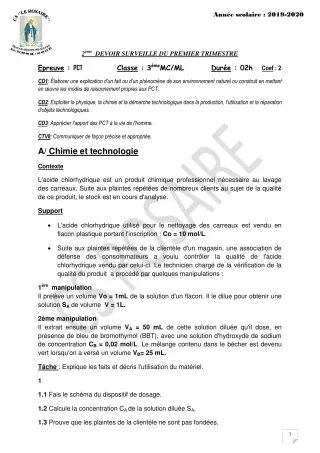 Première page de PCT 3e, 3e ML — 2e devoir surveillé, 1er trimestre (2019-2020) · CPEG ROSAIRE