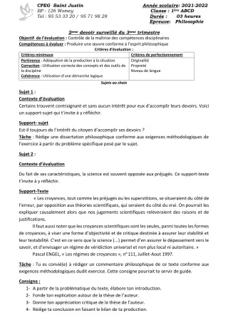 Première page de Philosophie 2nde A2, 2nde B, 2nde C, 2nde D, 1ère A2, 1ère B, 1ère C, 1ère D — 2e devoir surveillé, 3e trimestre (2021-2022) · CPEG SAINT Justin