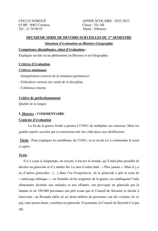 Première page de Histoire-Géographie Tle A1, Tle A2, Tle B — 2e devoir surveillé, 1er semestre (2022-2023) · CEG LE NOKOUE