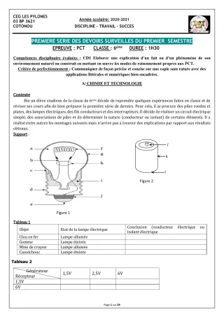Première page de PCT 6e, 5e, 4e, 3e, 2nde C, 2nde D, 1ère C, 1ère D, Tle C, Tle D — 1er devoir surveillé, 1er semestre (2020-2021) · CEG Les Pylônes
