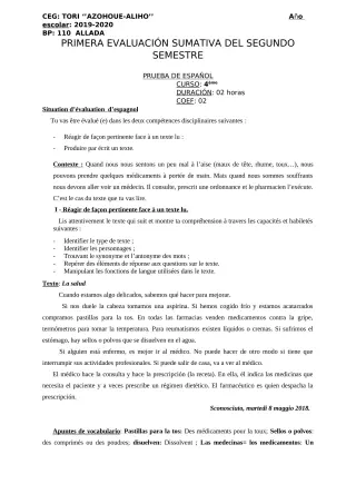 Première page de Espagnol 4e ML, 3e ML — 2019-2020 · CEG AZOHOUE-ALIHO