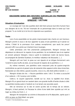 Première page de Français 6e — 2e devoir surveillé, 1er semestre (2020-2021) · CEG PAHOU