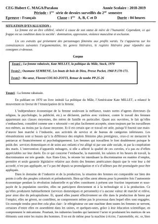 Première page de Français 1ère A1, 1ère A2, 1ère B, 1ère C, 1ère D — 1er devoir surveillé, 2e semestre (2018-2019) · CEG Hubert C. MAGA