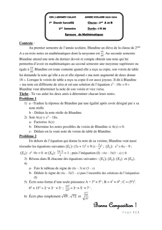 Première page de Mathématiques 2nde A & B — 1er devoir surveillé, 2e semestre (2023-2024) · CEG2 ABOMEY - CALAVI (CEG ZOCA)