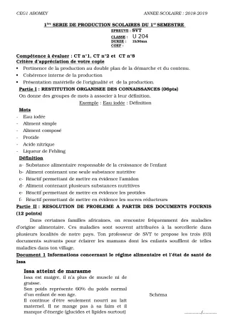 Première page de SVT 6e, 5e, 4e, 4e ML, 3e, 3e ML, 2nde A & B, 2nde D, 1ère A, 1ère A & B, 1ère D, Tle A, Tle B, Tle D — 1re production scolaire, 1er semestre (2018-2019) · CEG1 Abomey
