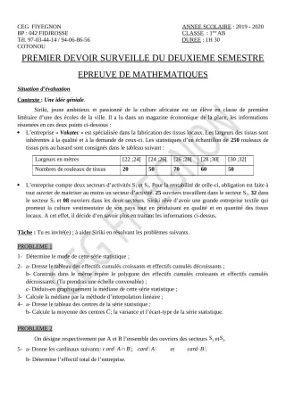 Première page de Mathématiques 1ère A2, 1ère B — 1er devoir surveillé, 2e semestre (2019-2020) · CEG FIYEGNON