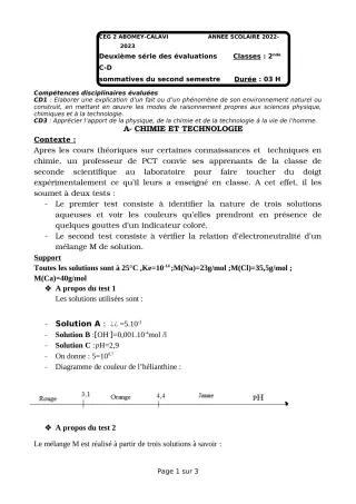 Première page de PCT 2nde C — 2e évaluation sommative, 2e semestre (2022-2023) · CEG2 ABOMEY - CALAVI (CEG ZOCA)