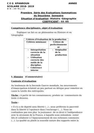 Première page de Histoire-Géographie Tle D — 1re évaluation sommative, 2e semestre (2018-2019) · CEG Kpanroun