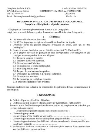 Première page de Histoire-Géographie 6e, 5e, 2nde A2, 2nde B — 1re composition, 2e trimestre (2019-2020) · CPEG LICA