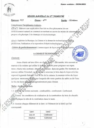 Première page de PCT 6e — Devoir surveillé, 2e trimestre (2020-2021) · CPEG ROSAIRE