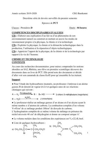Première page de PCT 1ère D — 2e devoir surveillé, 1er semestre (2019-2020) · CEG Banikanni