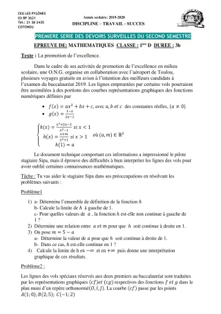 Première page de Mathématiques 6e, 5e, 4e, 4e ML, 2nde A & B, 2nde A1, 2nde A2, 2nde B, 2nde C, 2nde D, 1ère A1, 1ère A2, 1ère B, 1ère C, 1ère D, Tle A1, Tle A2, Tle B, Tle C, Tle D — 1er devoir surveillé, 2e semestre
