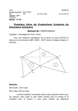 Première page de Mathématiques 6e — 1re production scolaire, 2e semestre (2019-2020) · CEG SEGBEYA