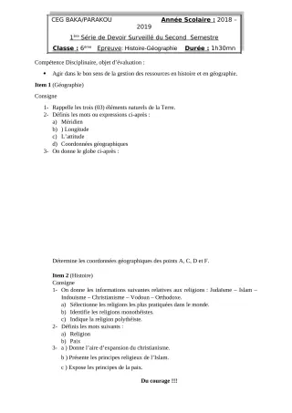 Première page de Histoire-Géographie 6e — 1er devoir surveillé, 2e semestre (2018-2019) · CEG BAKA