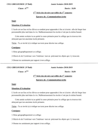 Première page de Français 6e, 5e, 4e, 4e ML, 3e, 3e ML — 1er devoir surveillé, 1er semestre (2018-2019) · CEG Gbegourou