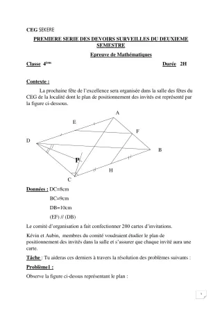 Première page de Mathématiques 4e — 1er devoir surveillé, 2e semestre (2020-2021) · CEG SEKERE