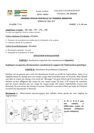 Première page de SVT Tle A2 — 1er devoir surveillé, 1er semestre (2021-2022) · CEG SEKERE