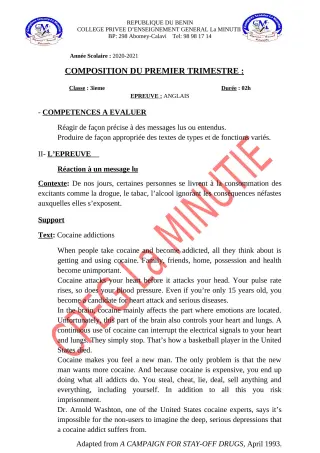 Première page de Anglais 3e, 3e ML — 1re composition, 1er trimestre (2020-2021) · CPEG La Minutie