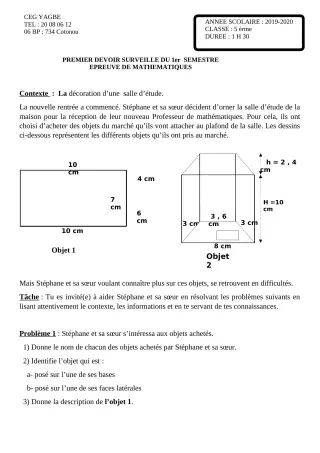 Première page de Mathématiques 5e — 1er devoir surveillé, 1er semestre (2019-2020) · CEG Yagbe