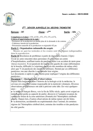 Première page de SVT 3e, 3e ML — 2e devoir surveillé, 2e trimestre (2019-2020) · CPEG ROSAIRE