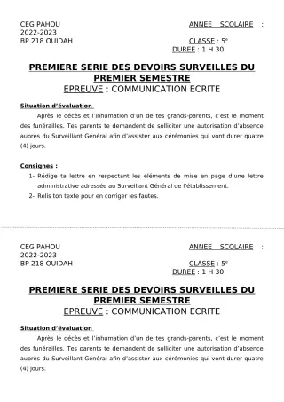Première page de Français 5e — 1er devoir surveillé, 1er semestre (2022-2023) · CEG PAHOU