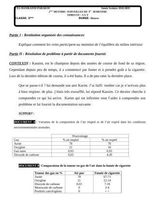 Première page de SVT 3e, 3e ML — 2e devoir surveillé, 1er semestre (2018-2019) · CEG Banikanni