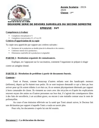 Première page de SVT 2nde B — 2e devoir surveillé, 2e semestre (2019-2020) · CPEG Ste Thérèse de Zinvié