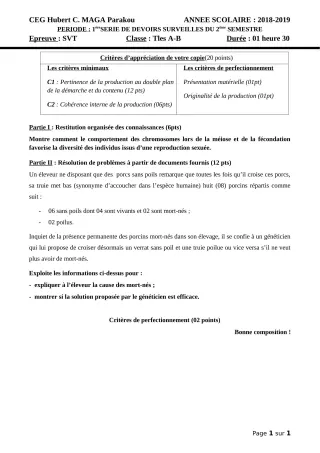 Première page de SVT Tle A1, Tle A2, Tle B — 1er devoir surveillé, 2e semestre (2018-2019) · CEG Hubert C. MAGA