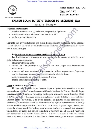 Première page de Bac 2026 – Espagnol LV1 Série AB, Bac blanc décembre 2025 (resistencia universitaria, compréhension et production)