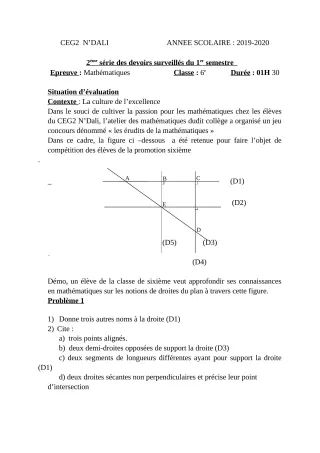 Première page de Mathématiques 4e — 2e devoir surveillé, 1er semestre (2019-2020) · CEG 2 N'DALI