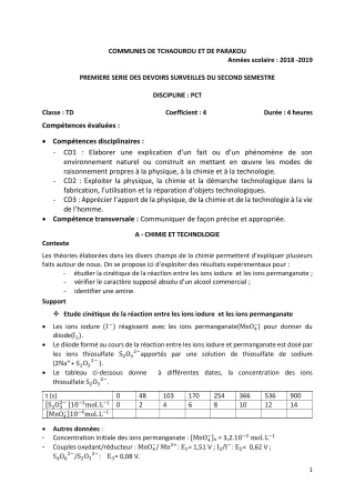 Première page de PCT Tle D — 1er devoir surveillé, 2e semestre (2018-2019) · CEG Hubert C. MAGA