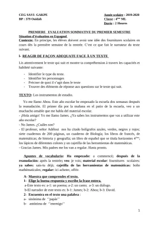 Première page de Espagnol 4e ML — 1re évaluation sommative, 1er semestre (2019-2020) · CEG SAVI GAKPE