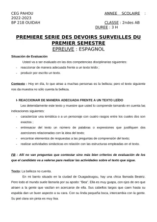 Première page de Espagnol 2nde A2, 2nde B — 1er devoir surveillé, 1er semestre (2022-2023) · CEG PAHOU