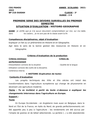 Première page de Histoire-Géographie 3e — 1er devoir surveillé, 1er semestre (2021-2022) · CEG PAHOU