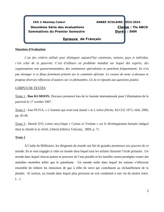 Première page de Français Tle B — 2e évaluation sommative, 1er semestre (2023-2024) · CEG2 ABOMEY - CALAVI (CEG ZOCA)